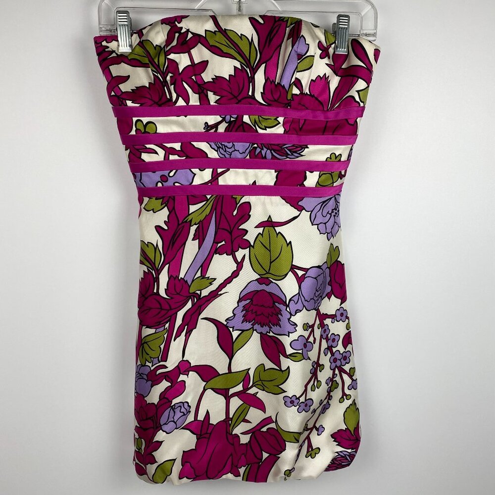 Badgley Mischka formal Silk Strapless Mini Magenta Pink Floral